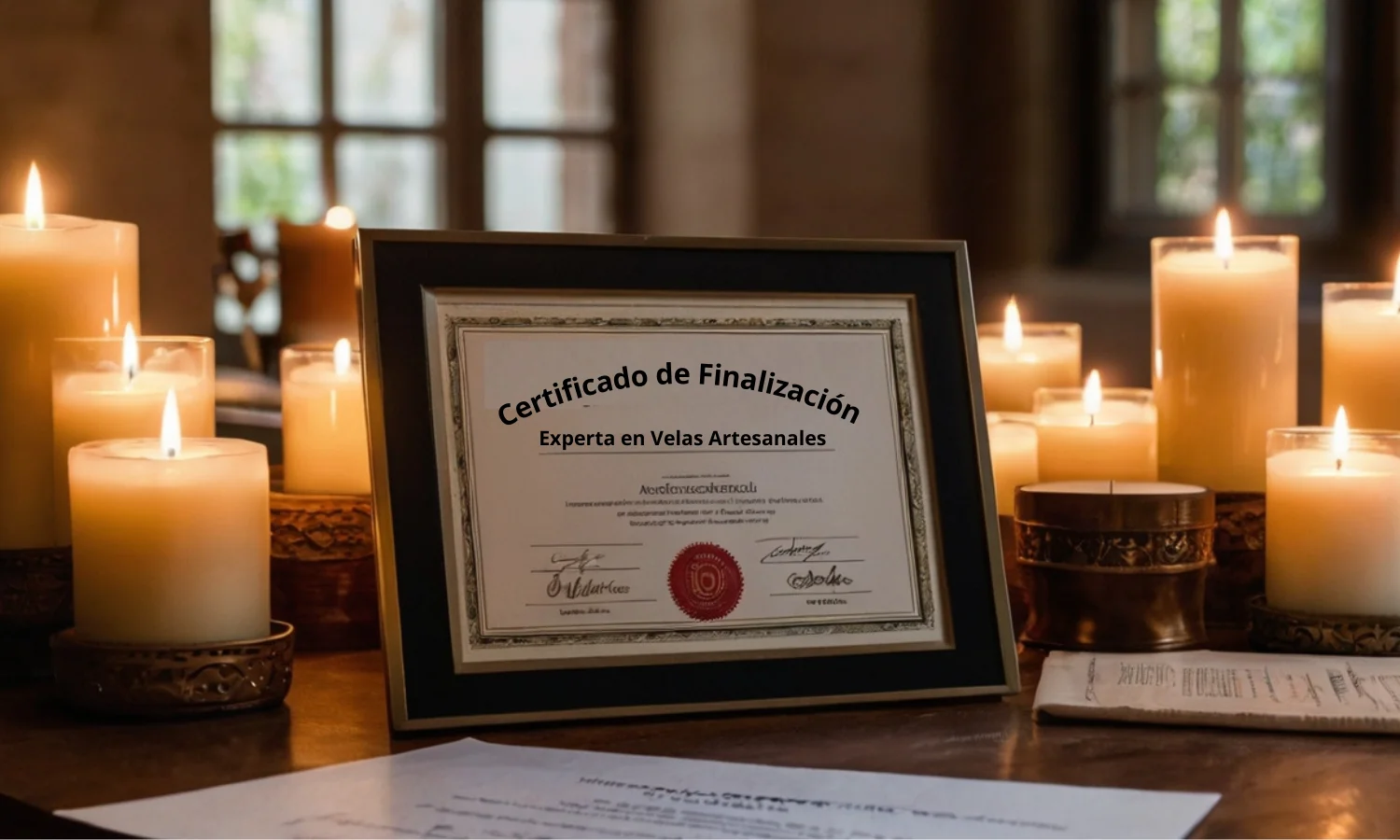 Certificat de fin de cours encadré à côté de bougies
